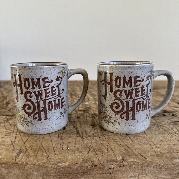 Vintage Home Sweet Home Mugs Pair Speckled Pottery Set Made in Japan 70s Country - Picture 2 of 13